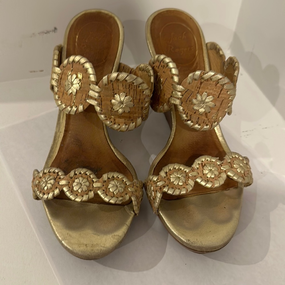 Gold and tan jack roger wedges